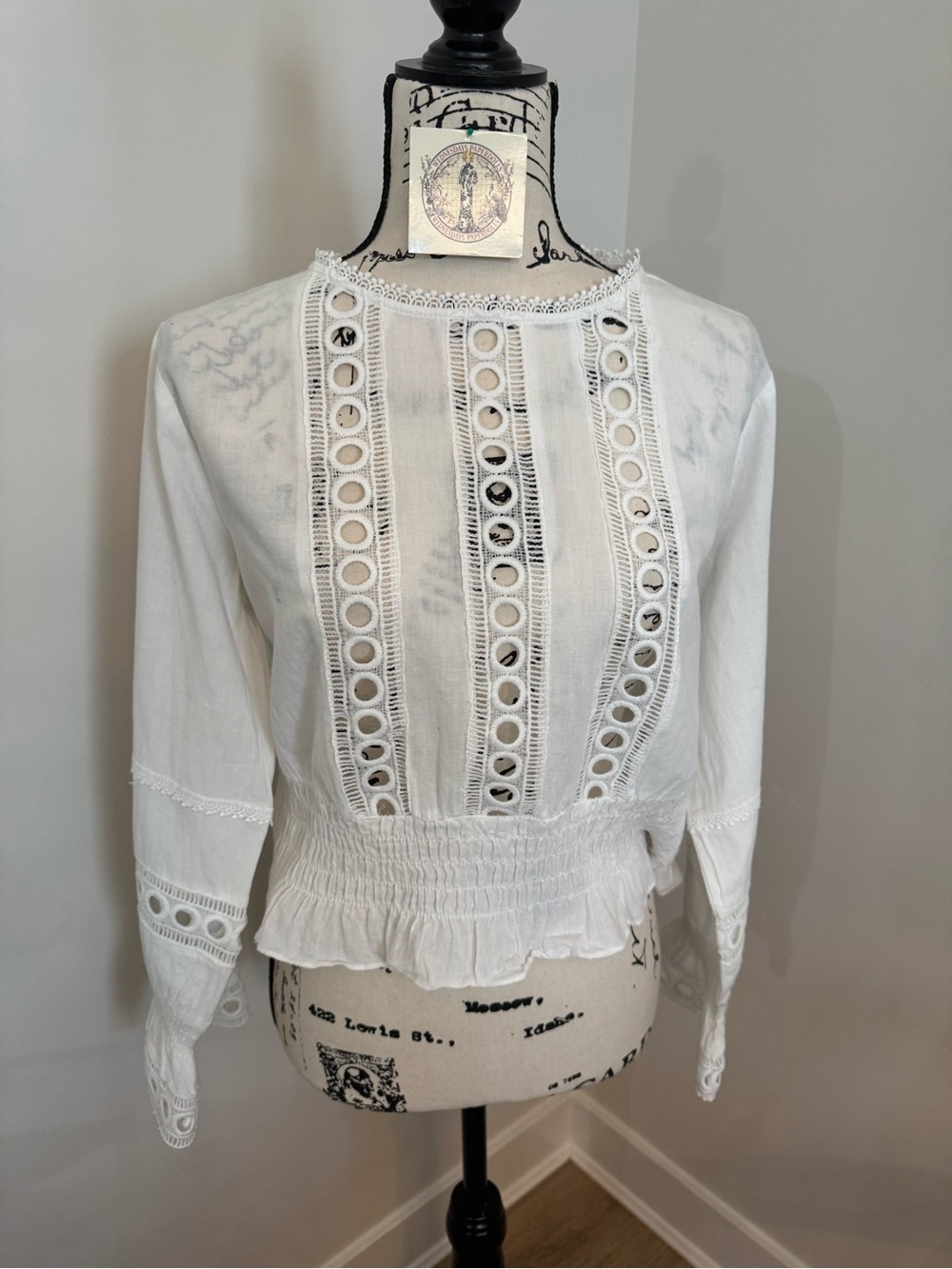 Lush White Eyelet Lace Blouse Small Boho Peasant Smocked Waist Romantic Cottage